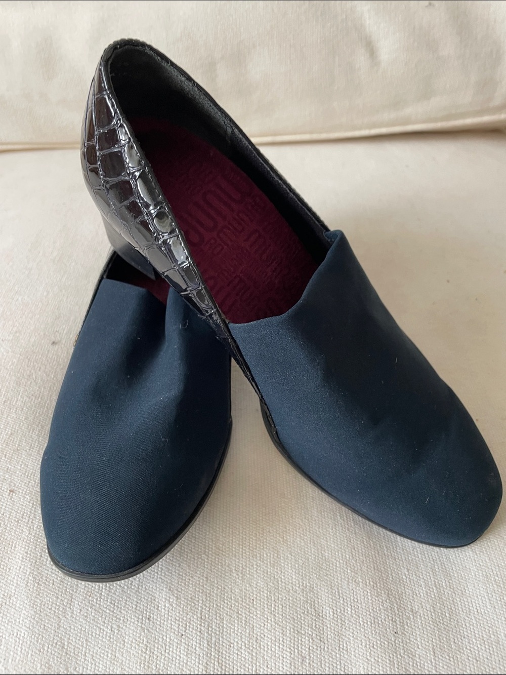 Munro Black Slip-On Loafers with Croc-Trim Heel